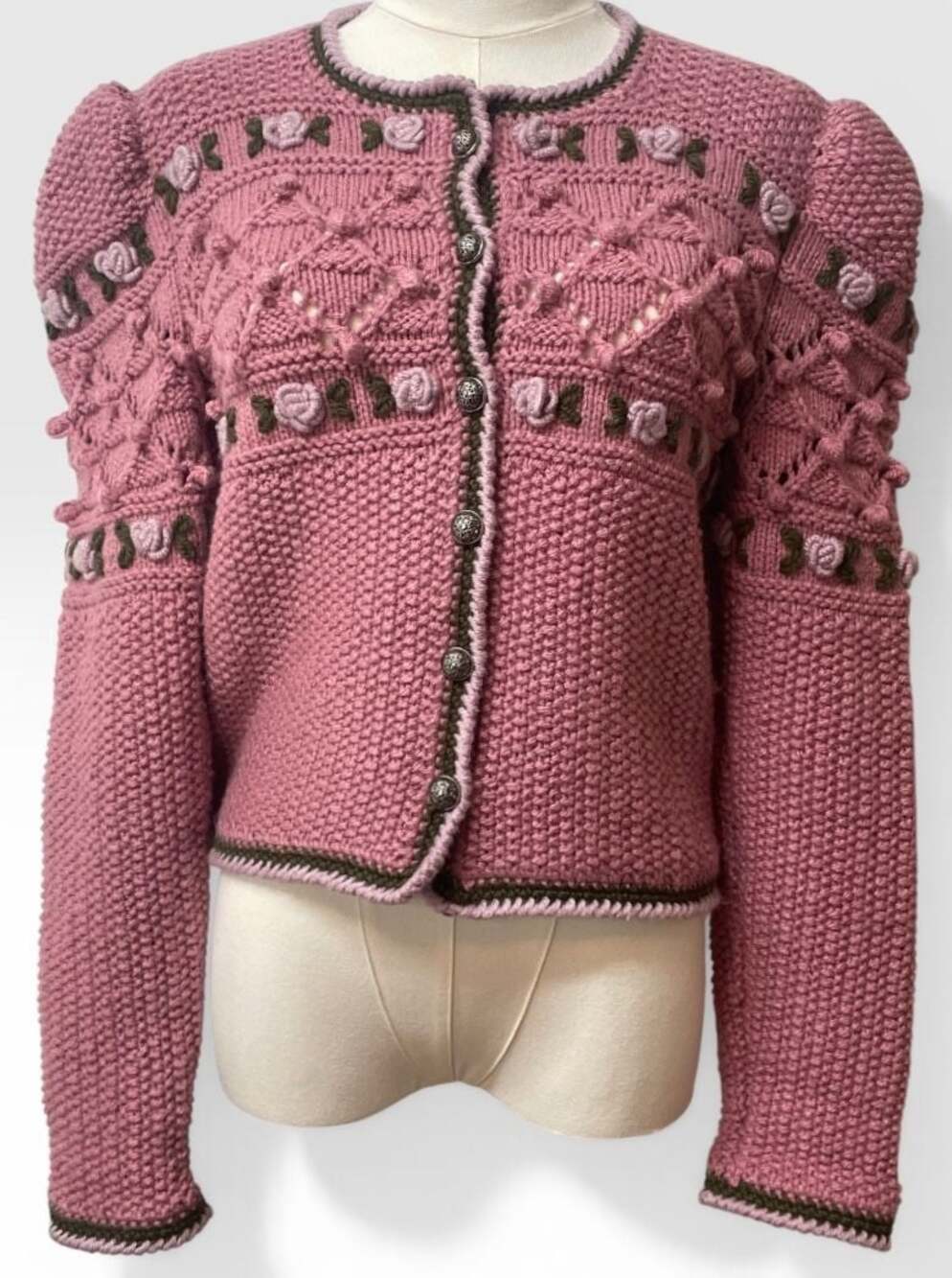 Hand-Knit Cottagecore Pink Puff Sleeve Rosette Cardigan Sweater Fits Small Girly